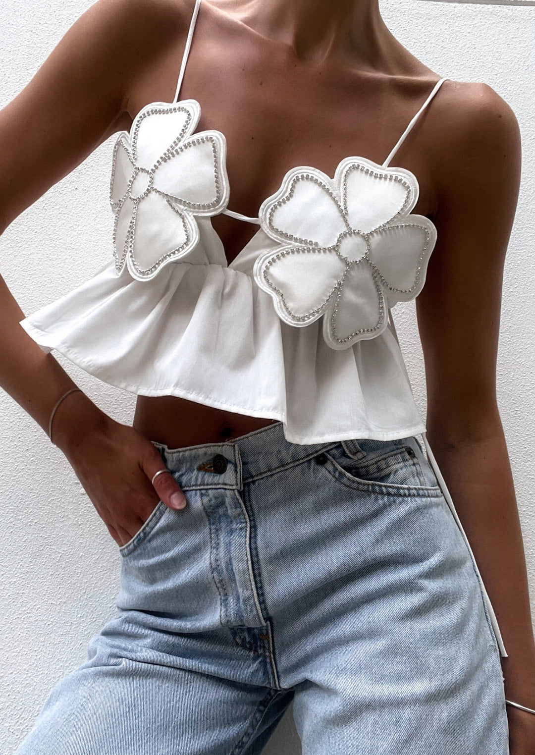 Lovella™ - Rhinestone Floral Appliqué Crop Top