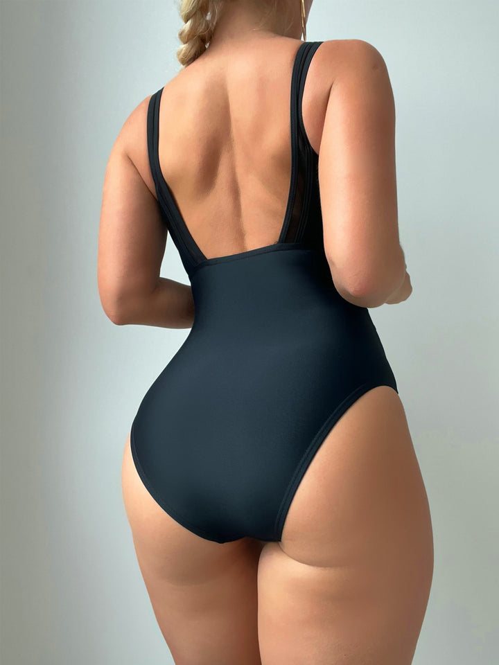 Lavish™ - V Neck High Cut Contrast Mesh One Piece Swimsuit